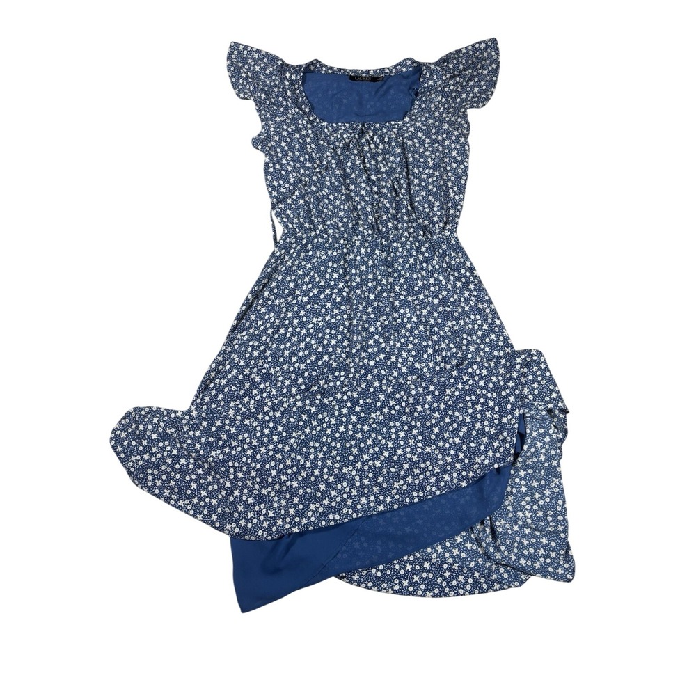 Lauren Ralph Lauren‎ Blue White Floral Midi Dress Flutter Sleeve Lined Womens 8
